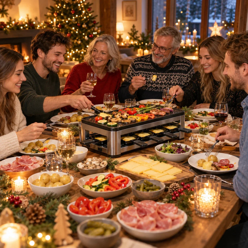 Symbolbild: Familie und Freunde beim Raclette-Essen am Weihnachtstisch