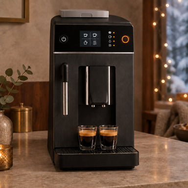 Symbolbild: Schlanker anthrazitfarbener Kaffeevollautomat mit Touch-Bedienfeld, Milchdüse und zwei Espressogläsern in einer eleganten Küche