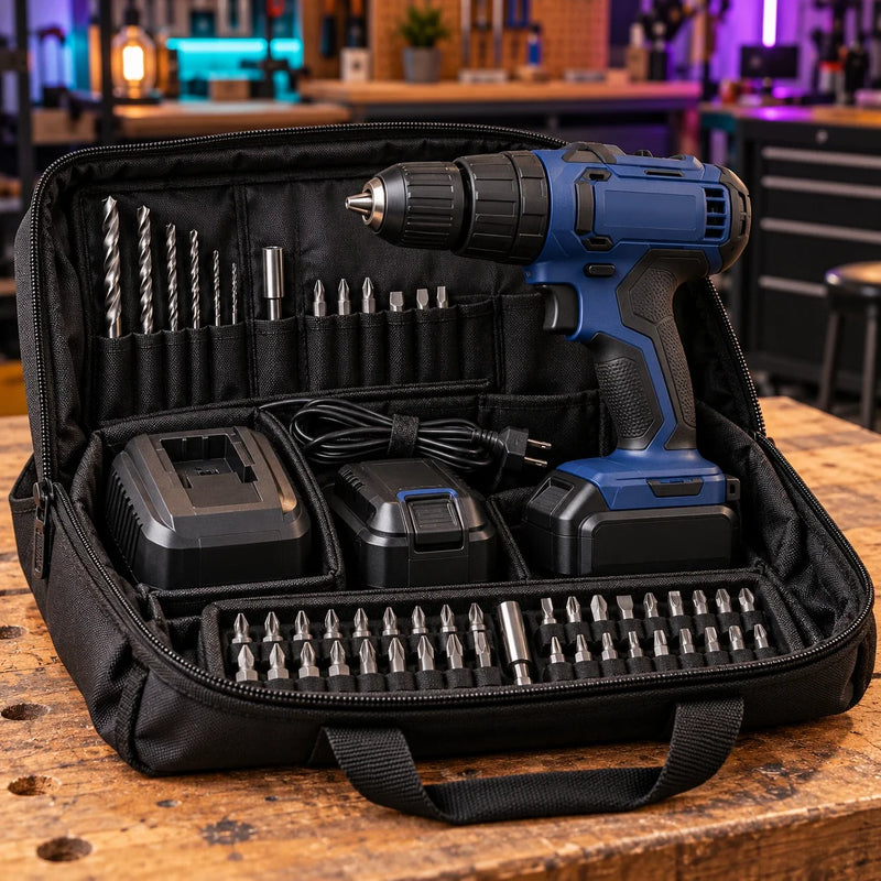 Symbolbild: Akku-Bohrschrauber mit Zubehör in der Werkzeugtasche