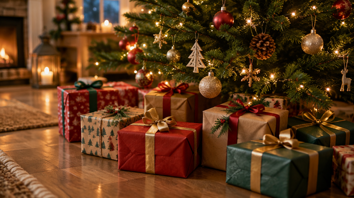Symbolbild: Verpackte Weihnachtsgeschenke unter dem geschmückten Weihnachtsbaum