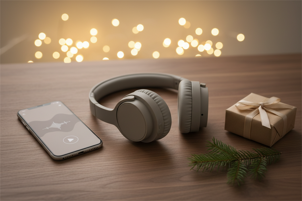 KI-generiertes Symbolbild: Kopfhörer, Smartphone und Geschenk