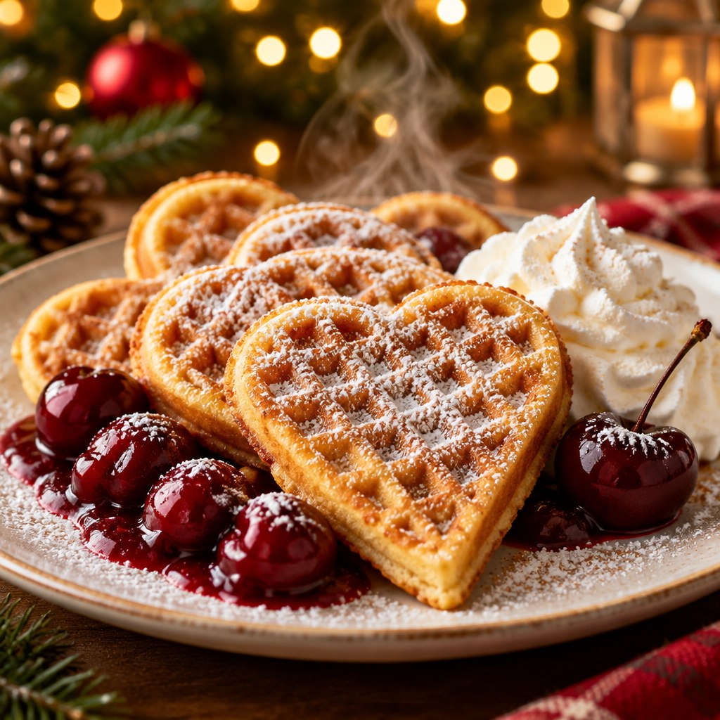 Symbolbild: Herzwaffeln mit Puderzucker, Kirschen und Sahne vor Weihnachtslichtern