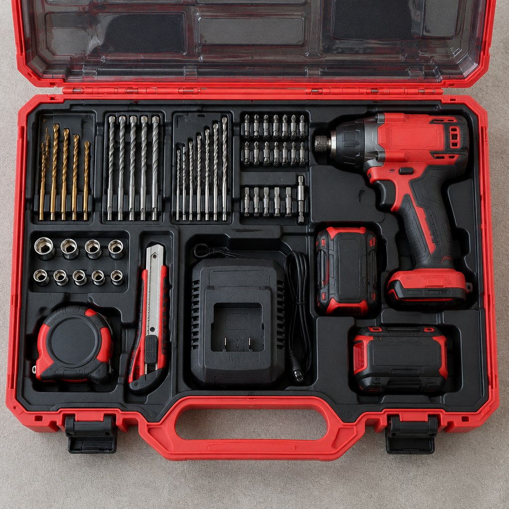 Symbolbild: Geöffneter roter Koffer mit Akku-Schlagbohrschrauber, Akkus, Ladegerät, Bohrern und Bits