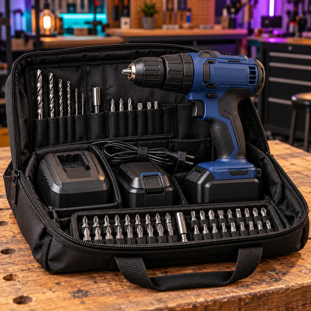 Symbolbild: Akku-Bohrschrauber mit Akkus, Ladegerät, Bits und Bohrern in der Werkzeugtasche