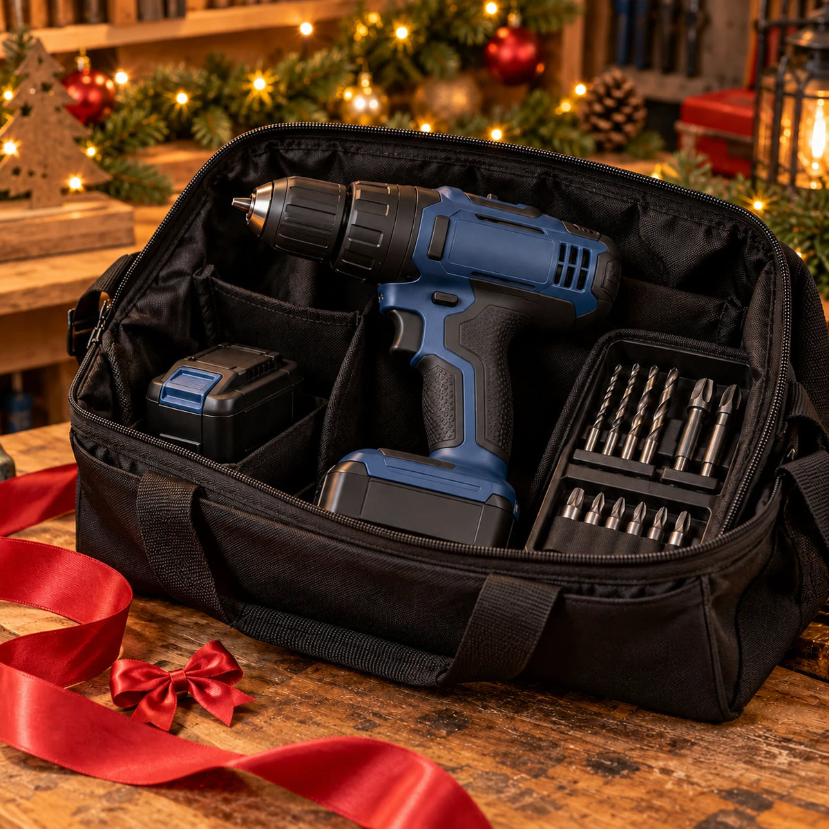 Symbolbild: Akku-Bohrschrauber in der Werkzeugtasche mit roter Geschenkschleife