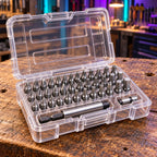 Symbolbild: Geöffnete Box mit vielen Schrauberbits auf einer Werkbank