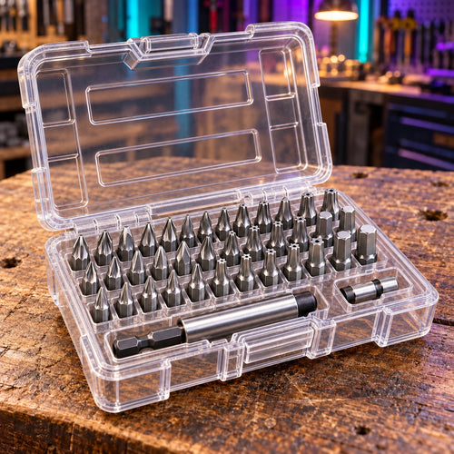 Symbolbild: Geöffnete Box mit vielen Schrauberbits auf einer Werkbank
