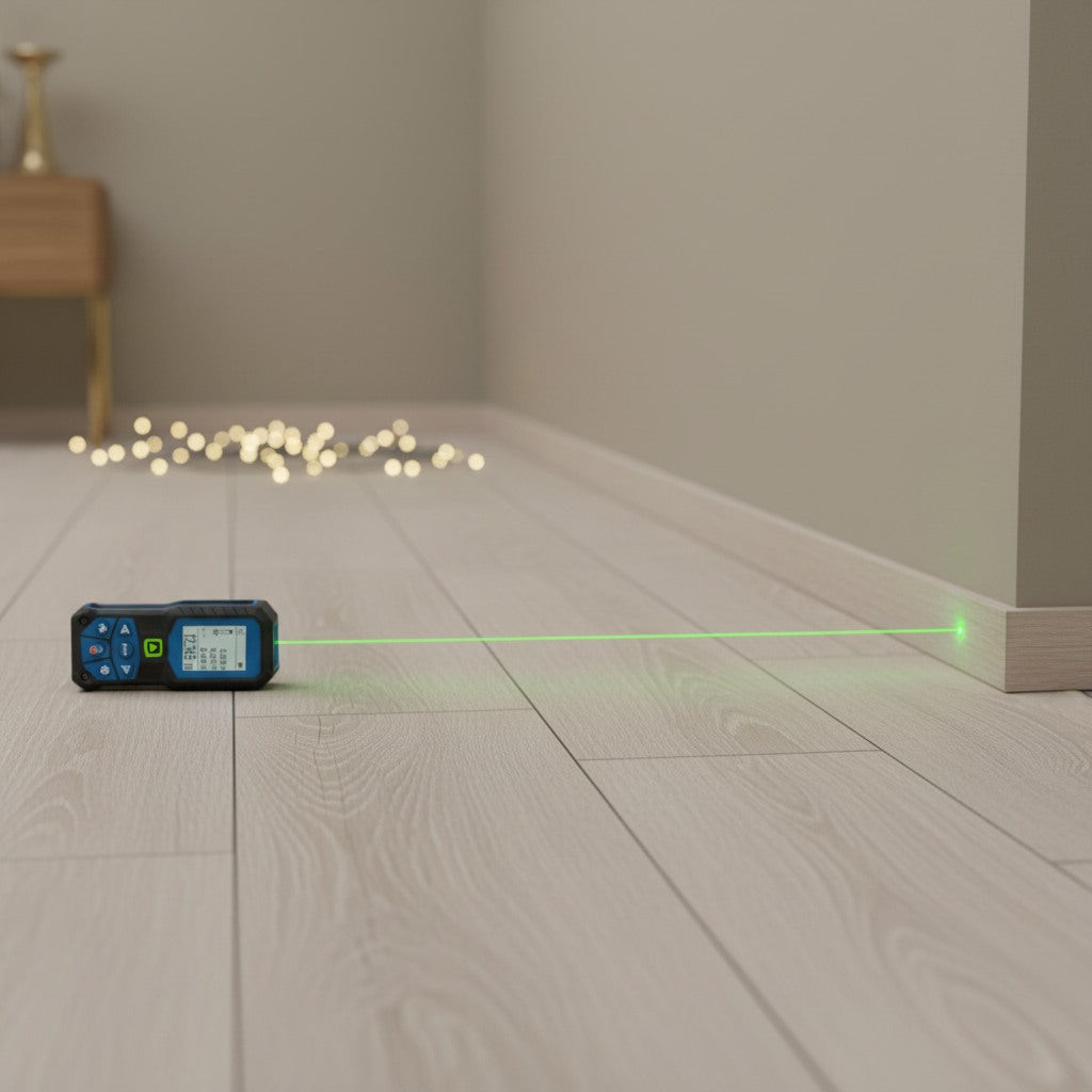 Symbolbild: Entfernungsmesser mit grünem Laserpunkt auf dem Boden