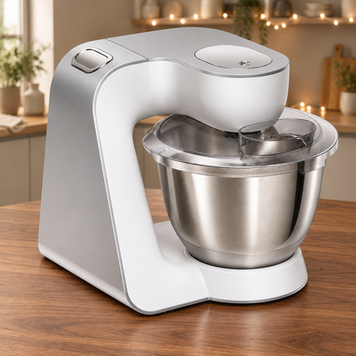 Symbolbild: Küchenmaschine mit Edelstahlschüssel in einer weihnachtlichen Küche