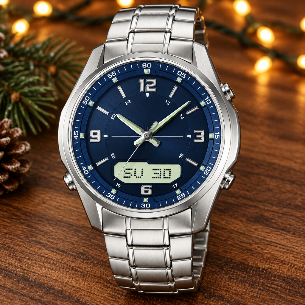 Symbolbild: Herrenarmbanduhr mit Edelstahlarmband und blauem Zifferblatt