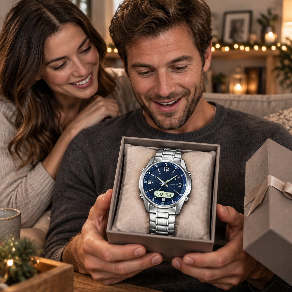 KI-generiertes Symbolbild: Mann freut sich über eine Herrenuhr als Weihnachtsgeschenk