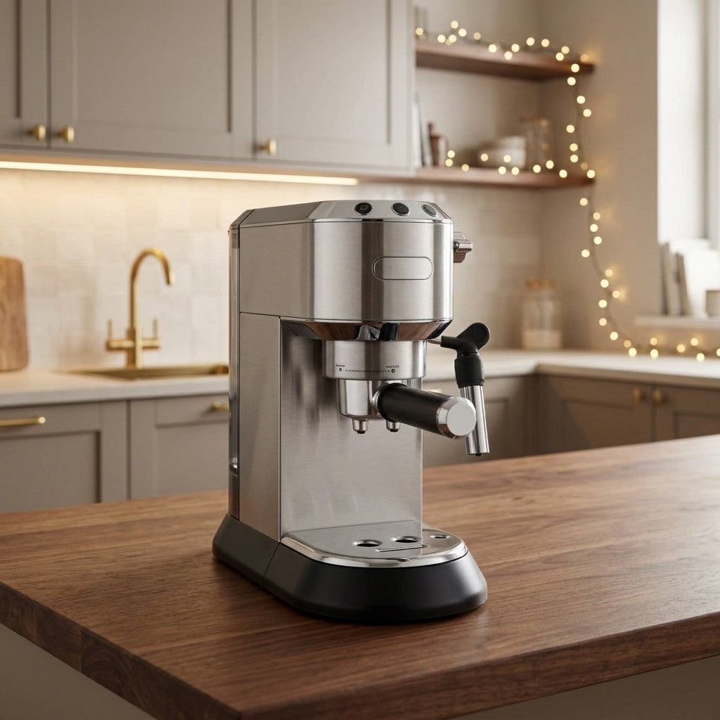 Symbolbild: Schmale Espressomaschine mit Siebträger und Milchschaumdüse auf einer Holzarbeitsplatte in einer warmen Küche mit Lichterkette
