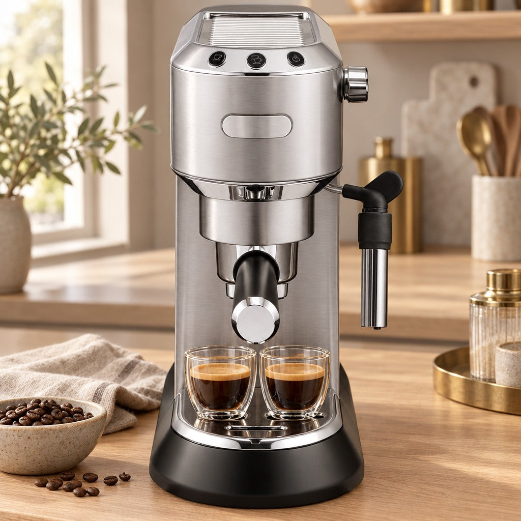 Symbolbild: Schmale Siebträger-Espressomaschine mit zwei Espressogläsern in einer Küche, daneben eine Schale Kaffeebohnen
