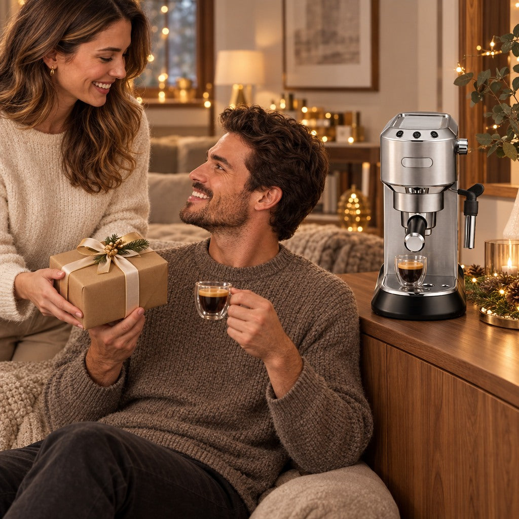 KI-generiertes Symbolbild: Frau überreicht einem Mann ein Geschenk, er hält einen Espresso, daneben die Espressomaschine in weihnachtlicher Stimmung