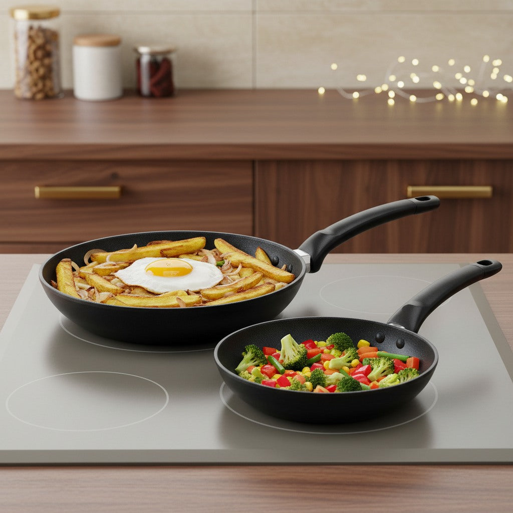Symbolbild: Bratkartoffeln mit Spiegelei und Gemüse in den Pfannen auf dem Herd