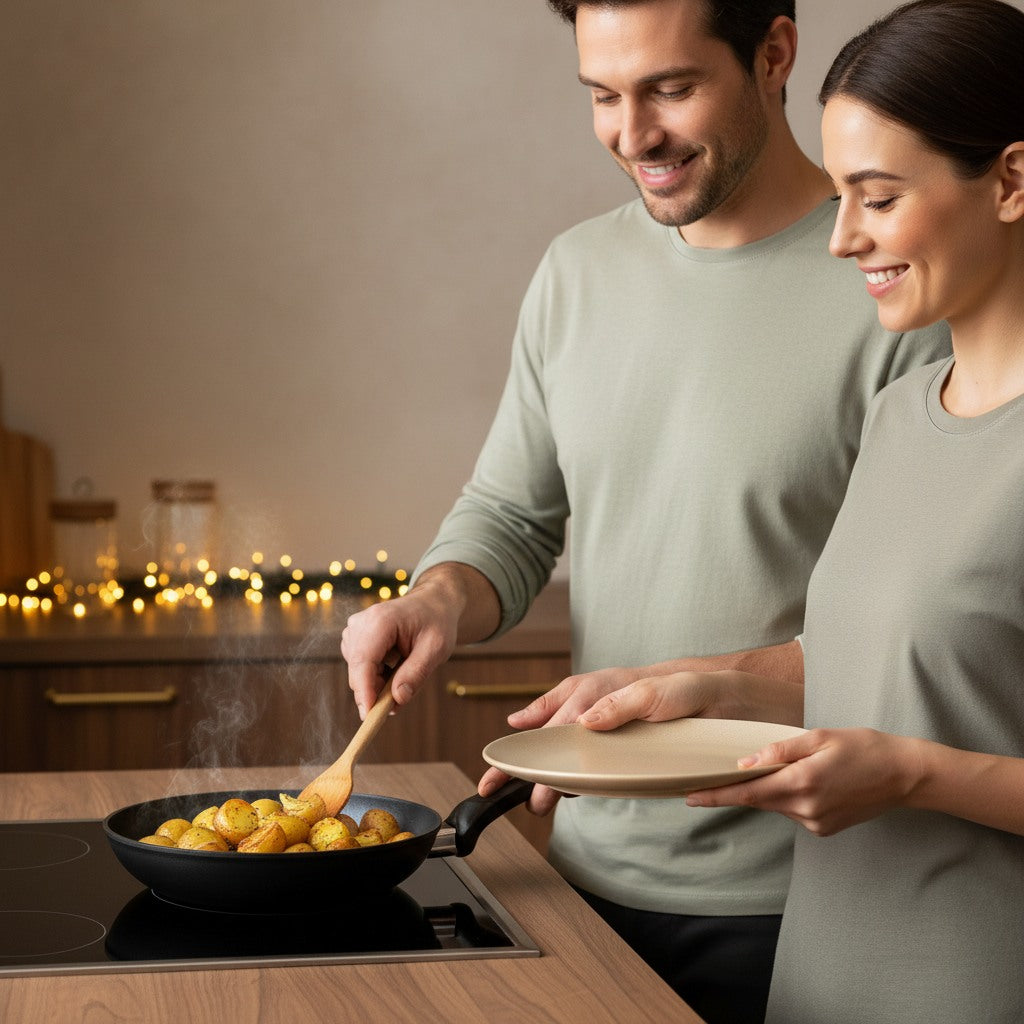 KI-generiertes Symbolbild: Zwei KI-generierte Personen braten Kartoffeln in der Pfanne am Herd