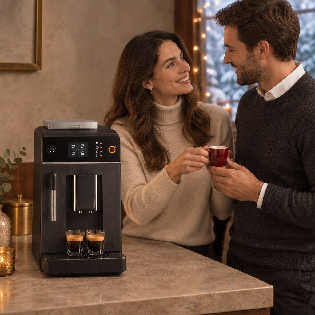 Symbolbild: Elegantes Paar in der Küche, die Frau reicht dem Mann einen Espresso in einer roten Tasse, daneben der Kaffeevollautomat