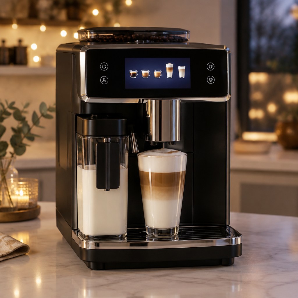 Symbolbild: Schwarzer Kaffeevollautomat mit Farbdisplay, Milchbehälter und Latte Macchiato in einer eleganten Küche