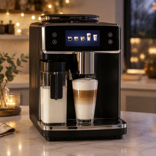 Symbolbild: Schwarzer Kaffeevollautomat mit Farbdisplay, Milchbehälter und Latte Macchiato in einer eleganten Küche