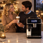 Symbolbild: Elegantes Paar in der Küche, die Frau reicht dem Mann einen Latte Macchiato, daneben der Kaffeevollautomat