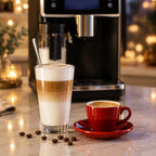 Symbolbild: Latte Macchiato im Glas und Espresso in roter Tasse vor dem Kaffeevollautomaten mit Milchbehälter