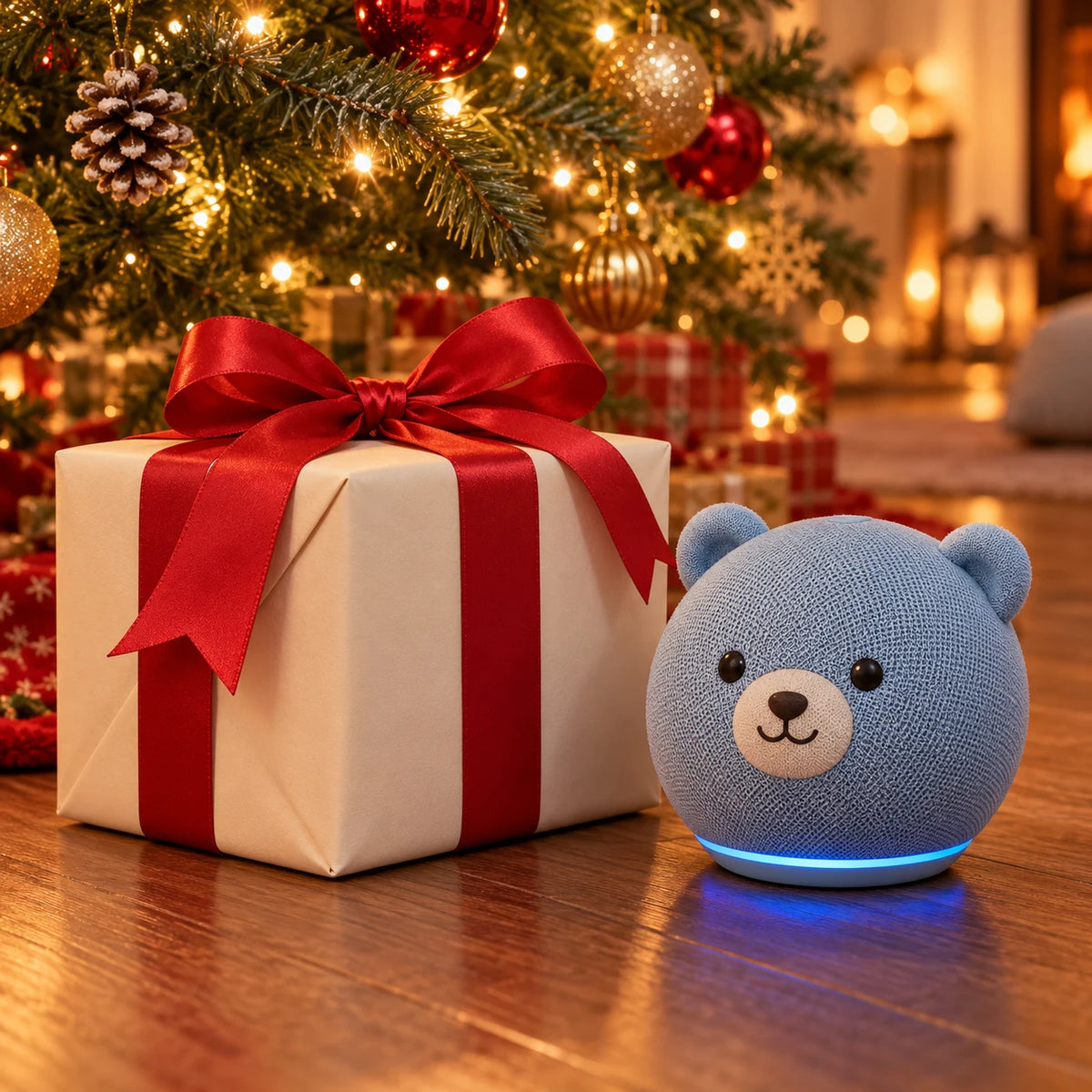 Symbolbild: Kinder-Lautsprecher neben einem Geschenk unter dem Weihnachtsbaum