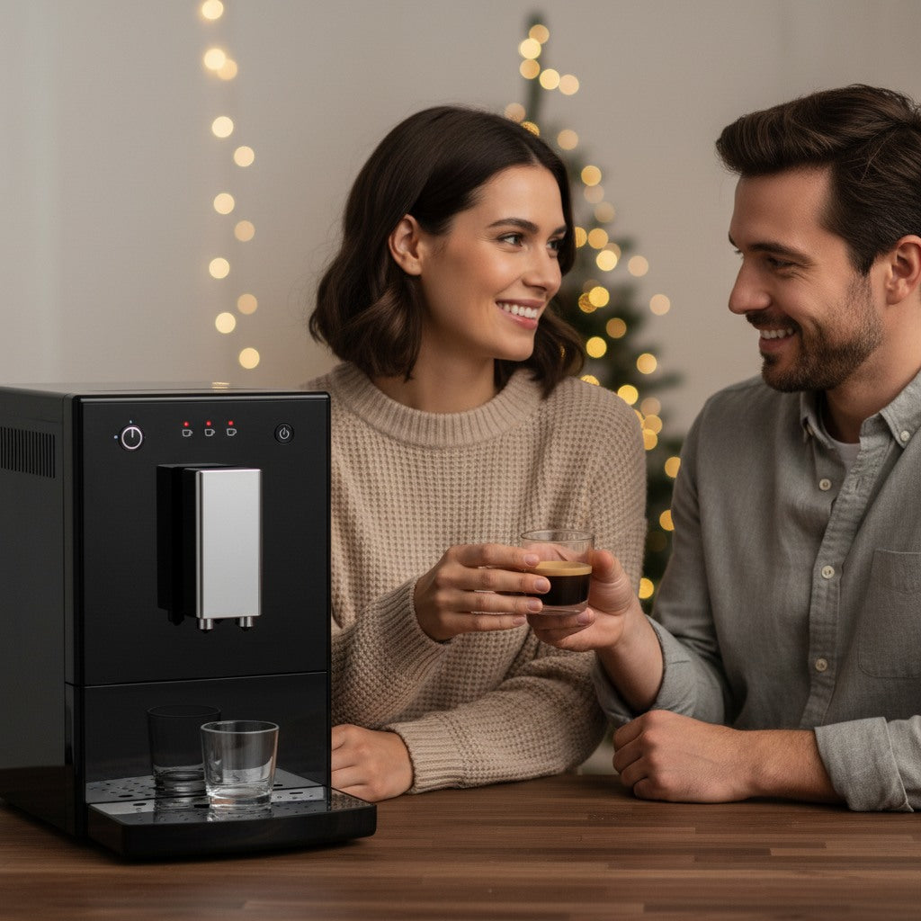 KI-generiertes Symbolbild: Zwei KI-generierte Personen trinken Espresso neben dem Kaffeevollautomaten