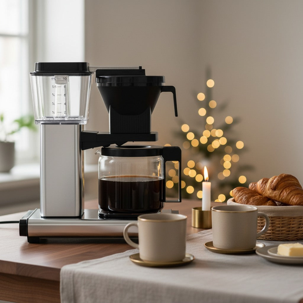 Symbolbild: Filterkaffeemaschine mit Tassen und Croissants auf dem Frühstückstisch