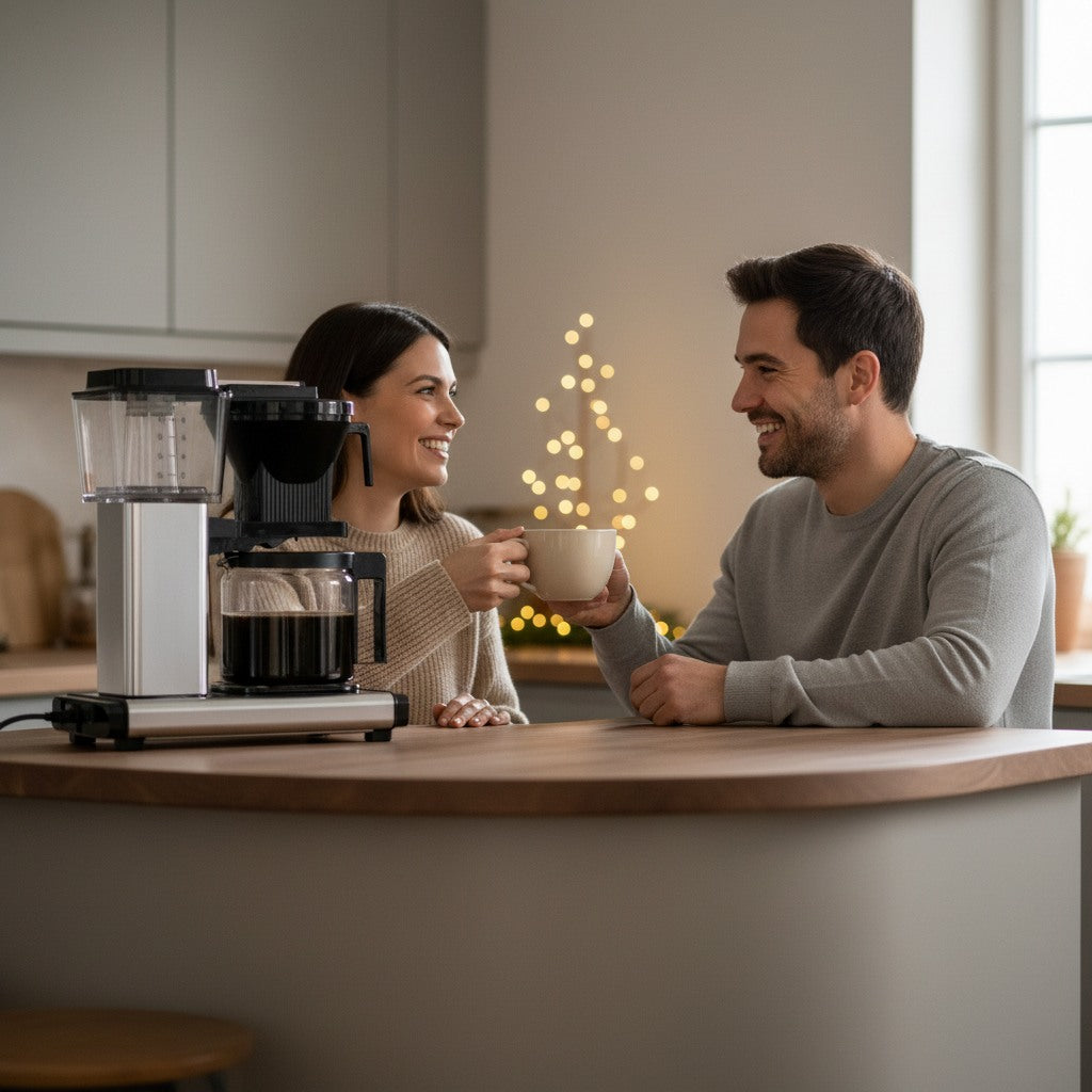 KI-generiertes Symbolbild: Zwei KI-generierte Personen trinken Kaffee neben der Filterkaffeemaschine