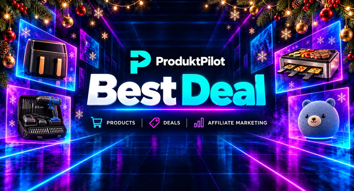 ProduktPilot Weihnachts-Banner: Best Deal mit Heißluftfritteuse, Raclette-Grill, Akkuschrauber und Lautsprecher