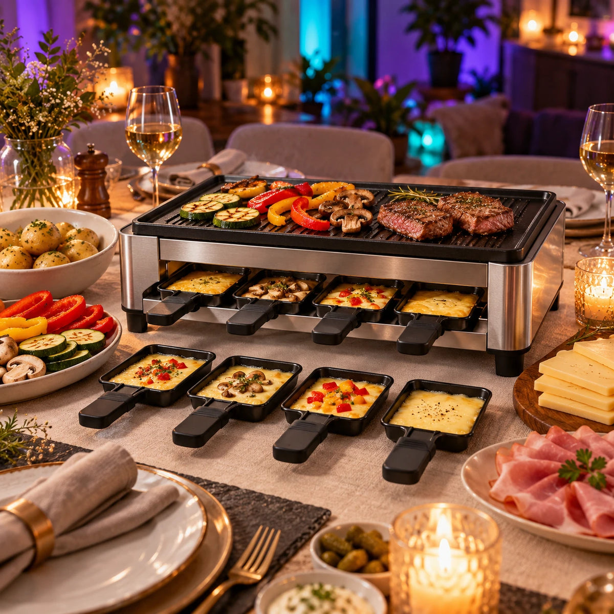 Symbolbild: Raclette-Grill mit Pfännchen auf festlich gedecktem Tisch