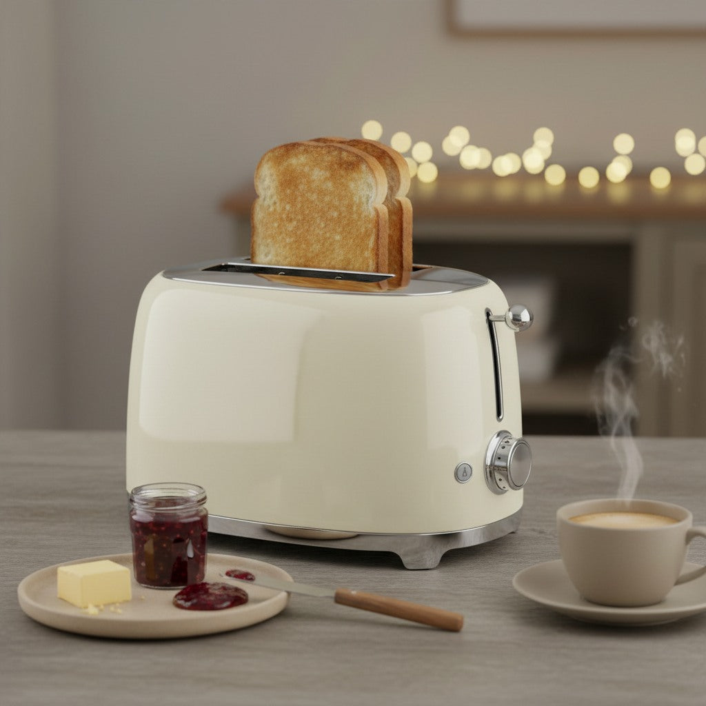 Symbolbild: Smeg Toaster mit Toast, Marmelade und Kaffee zum Frühstück