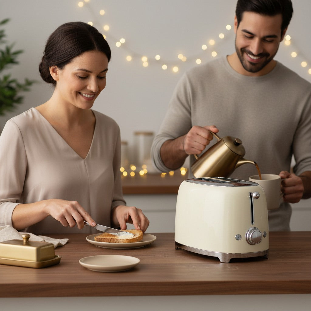 KI-generiertes Symbolbild: Zwei KI-generierte Personen frühstücken neben dem Smeg Toaster
