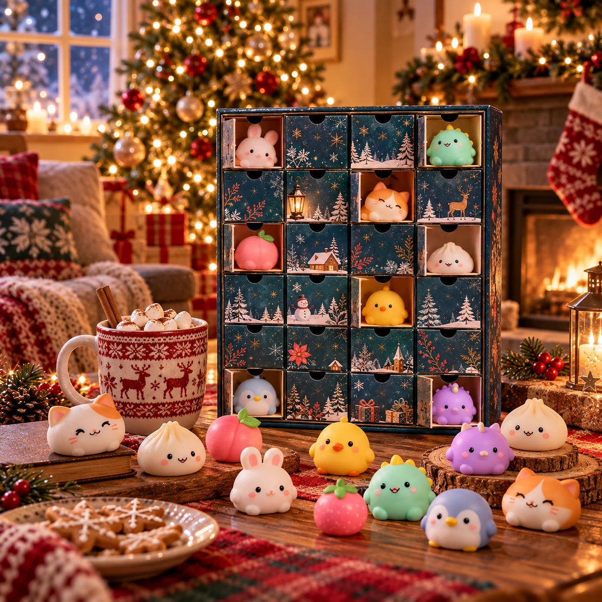 Symbolbild: Squishy-Adventskalender mit bunten Figuren und Kakao im weihnachtlichen Wohnzimmer