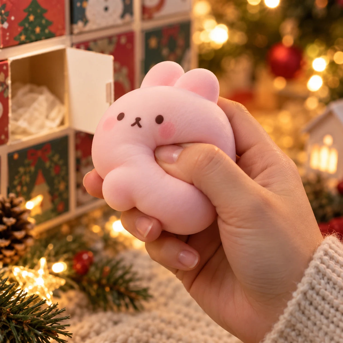 Symbolbild: Hand drückt eine weiche rosa Squishy-Hasenfigur vor Weihnachtslichtern