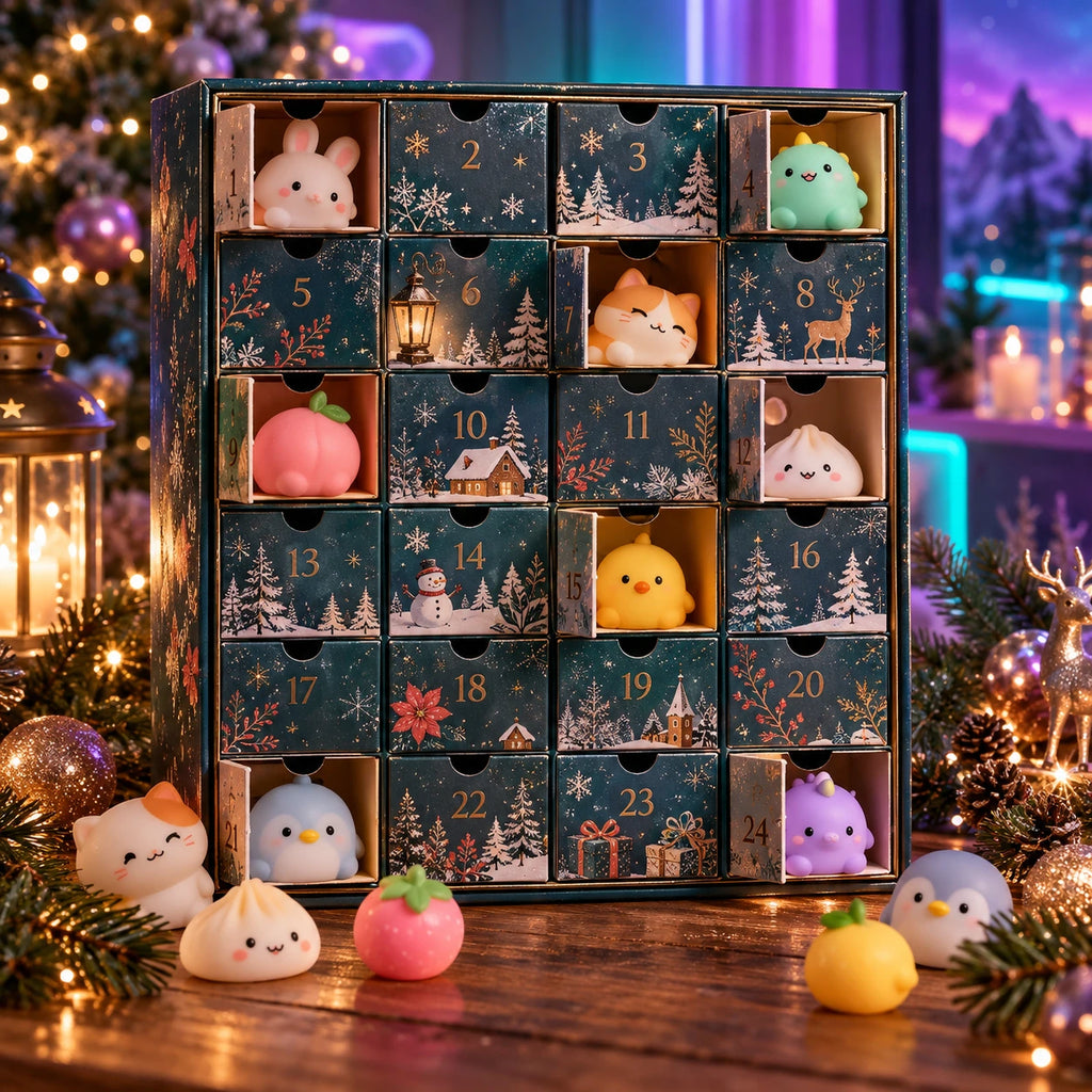 Symbolbild: Squishy-Adventskalender mit 24 Türchen und geöffneten Fächern