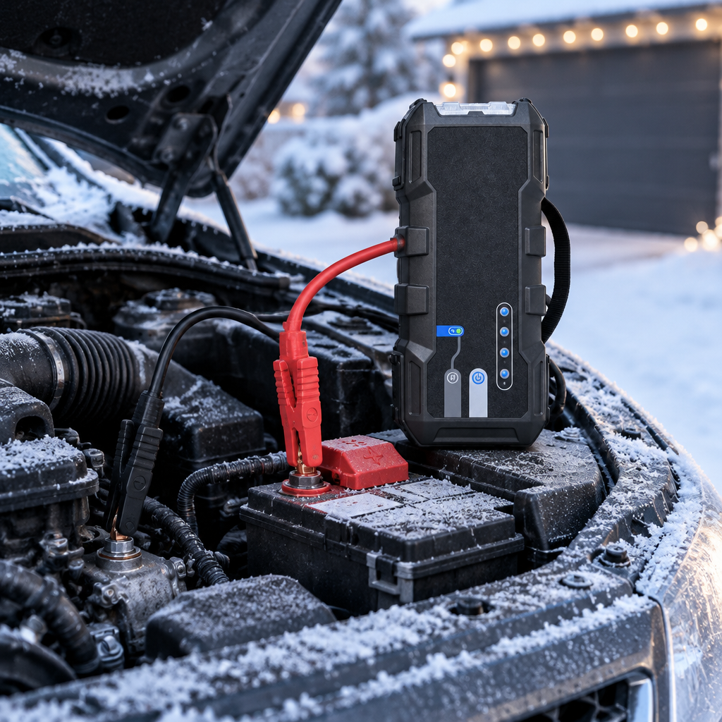 Symbolbild: Starthilfegerät an einer Autobatterie im Winter