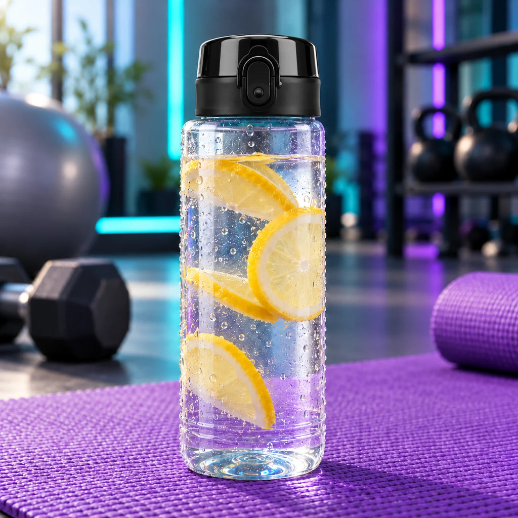 Symbolbild: Transparente Trinkflasche mit Zitronenwasser auf einer Fitnessmatte