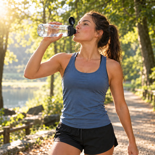 Symbolbild: Sportlerin trinkt beim Joggen aus einer Trinkflasche