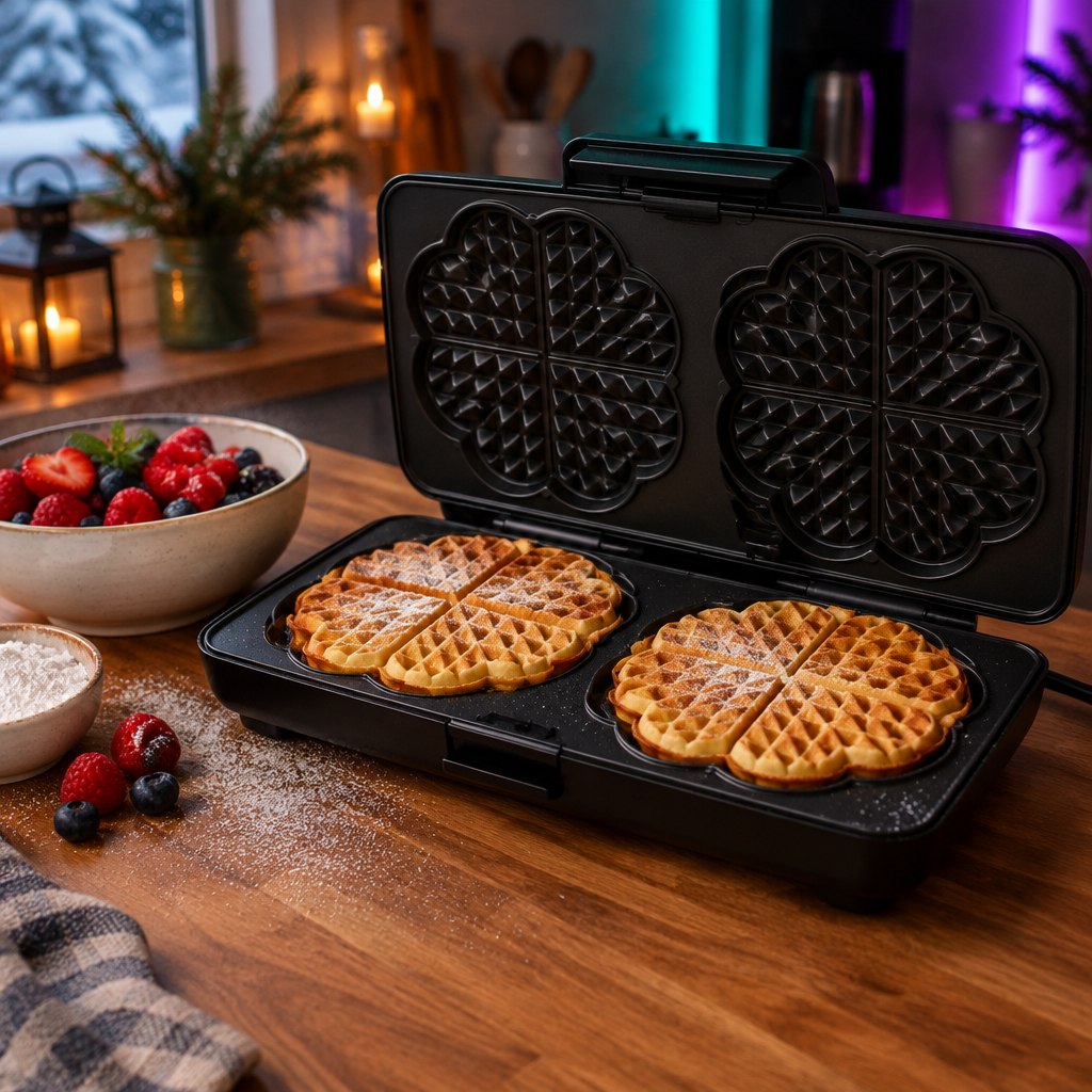 Symbolbild: schwarzes Doppel-Waffeleisen mit zwei goldbraunen Herzwaffeln auf einer Holzarbeitsplatte