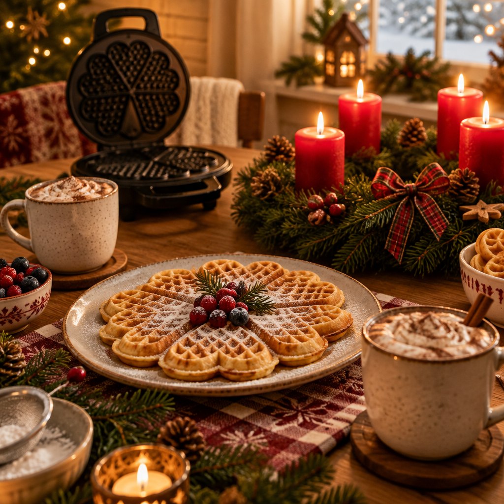Symbolbild: festlicher Adventstisch mit Herzwaffeln, Kakao und Adventskranz