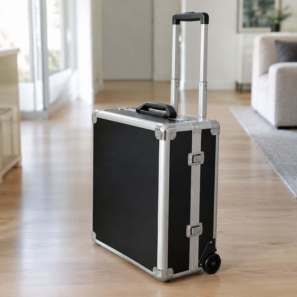 Symbolbild: Geschlossener schwarzer Alu-Werkzeugtrolley mit Rollen und ausgezogenem Teleskopgriff