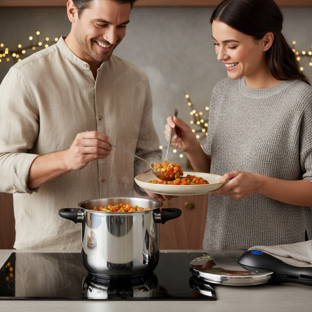 KI-generiertes Symbolbild: Zwei KI-generierte Personen kochen gemeinsam einen Eintopf im Schnellkochtopf